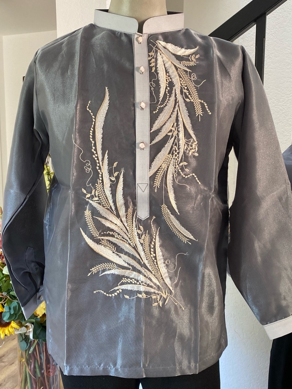 Embroidered Gray Barong Tagalog Silk Organza with Cream Botanical Detail